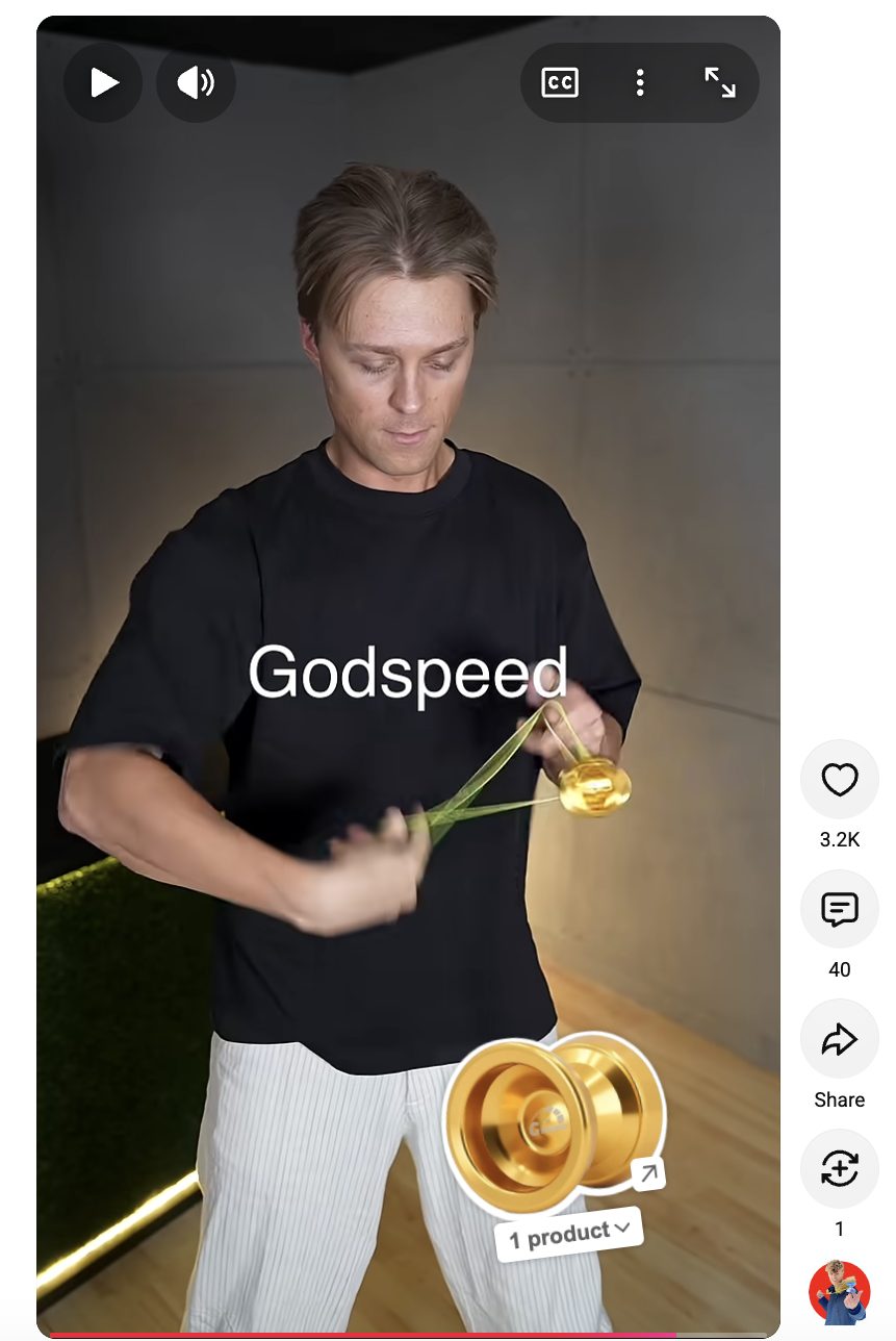 Two-time World Yo-Yo Champion Gentry Stein performing a Godspeed combo with the YoYoChampion G Speed, a first metal unresponsive yo-yo he designed for speed, stability, and long-term progression.