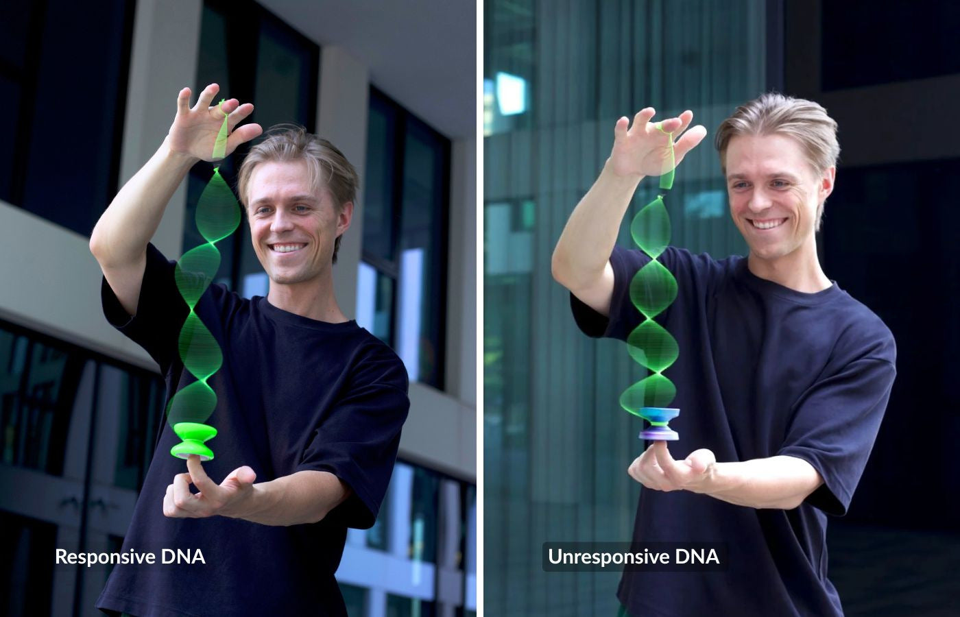 Gentry Stein comparing the beginner responsive DNA and advanced unresponsive DNA yo-yo trick using beginner and pro fingerspin yo-yos