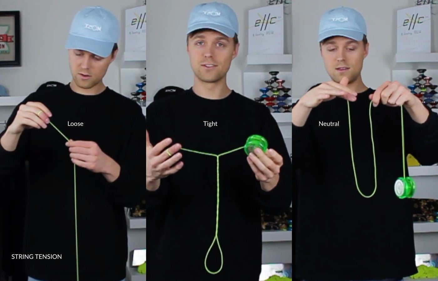 Loose, tight and neutral yo-yo string tension showing why yo-yo string twists and tangles and how to fix it.