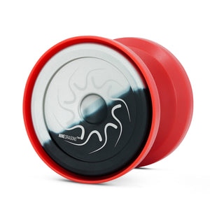 Red yoyo with a black center on a white background